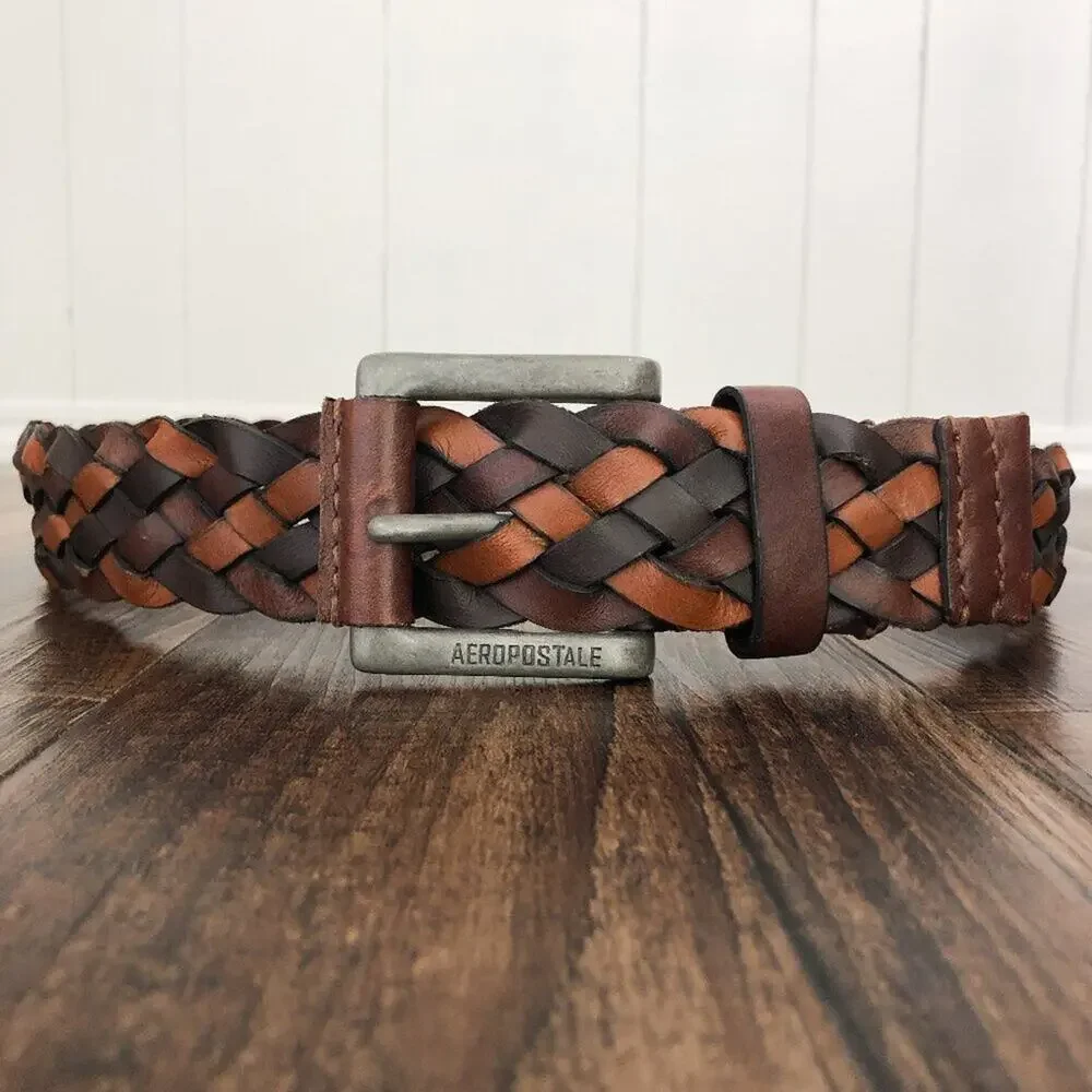 Aeropostale Y2K Wide Woven Leather Belt Rugged Durable Mens Size Medium Brown
